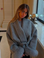 Elegante rendas até casacos curtos de lã sólido solto lapela peluda cinto manga longa jaqueta feminina 2025 outono inverno senhora chique cardigans