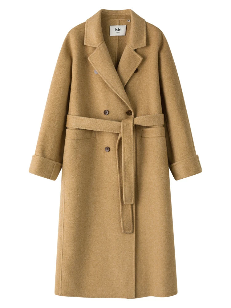 FSLE 2025 New Autumn Winter Temperament Long Coat Double Breasted Woolen Coats 58.8% Wool Belt Design Female Coat Office Lady
