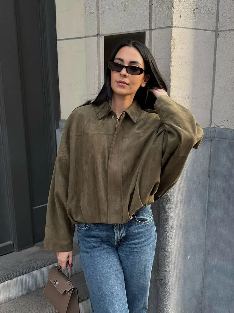 HH Moda de rua feminina sólida solta camurça textura casacos causal mangas longas morcego lapela zíper voar inverno jaquetas vintage