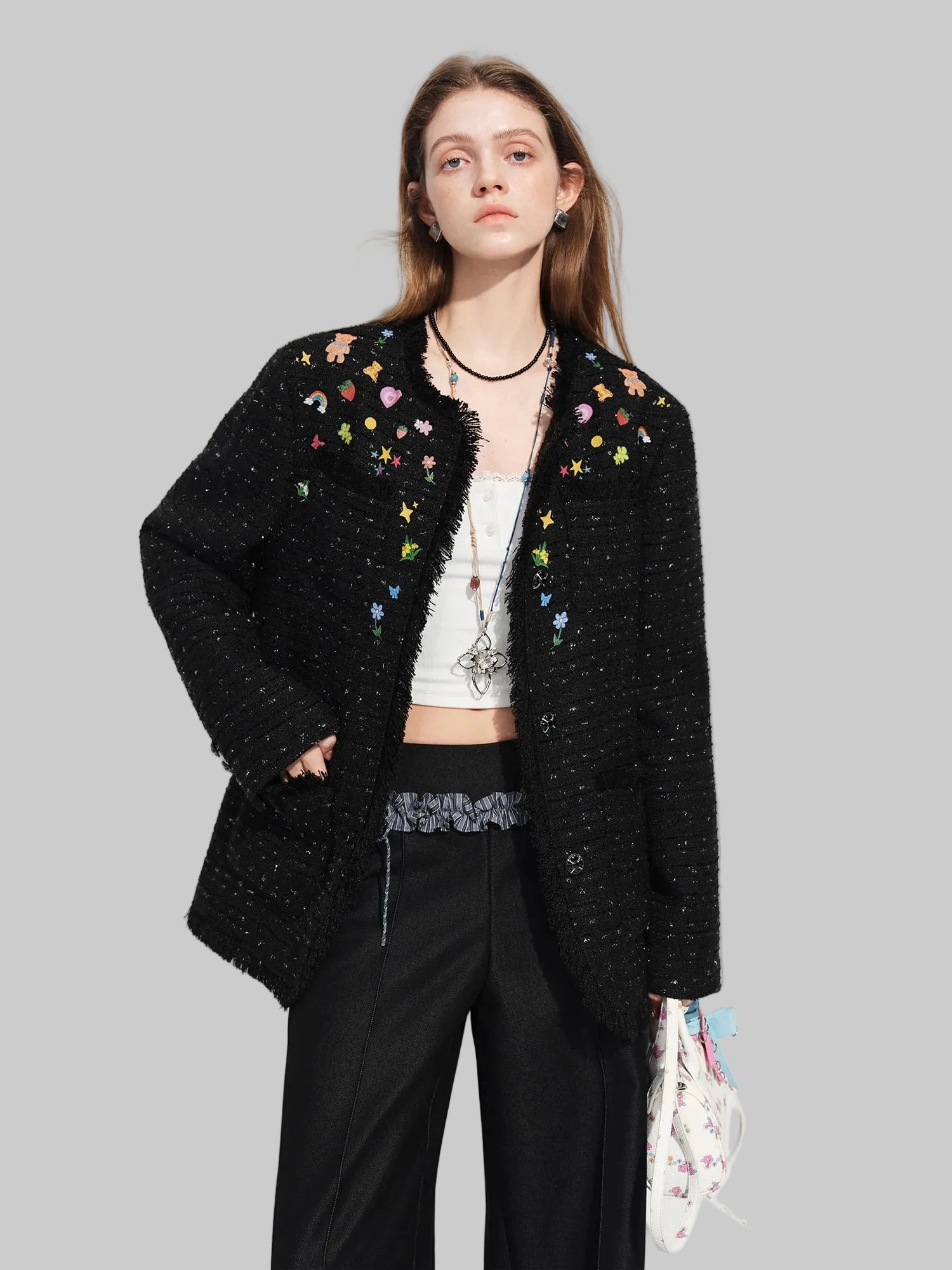 Fsle jaqueta curta de tweed estilo moda, design pintado à mão, novo inverno, streetwear, elegante, sofisticado, temperamento ins