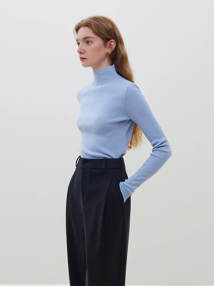 FSLE Double Cable Half Turtleneck 82.4% Wool Knitted Pullover for Women Winter 2023 New Warm Slim Korean Style Base Layer Shirt