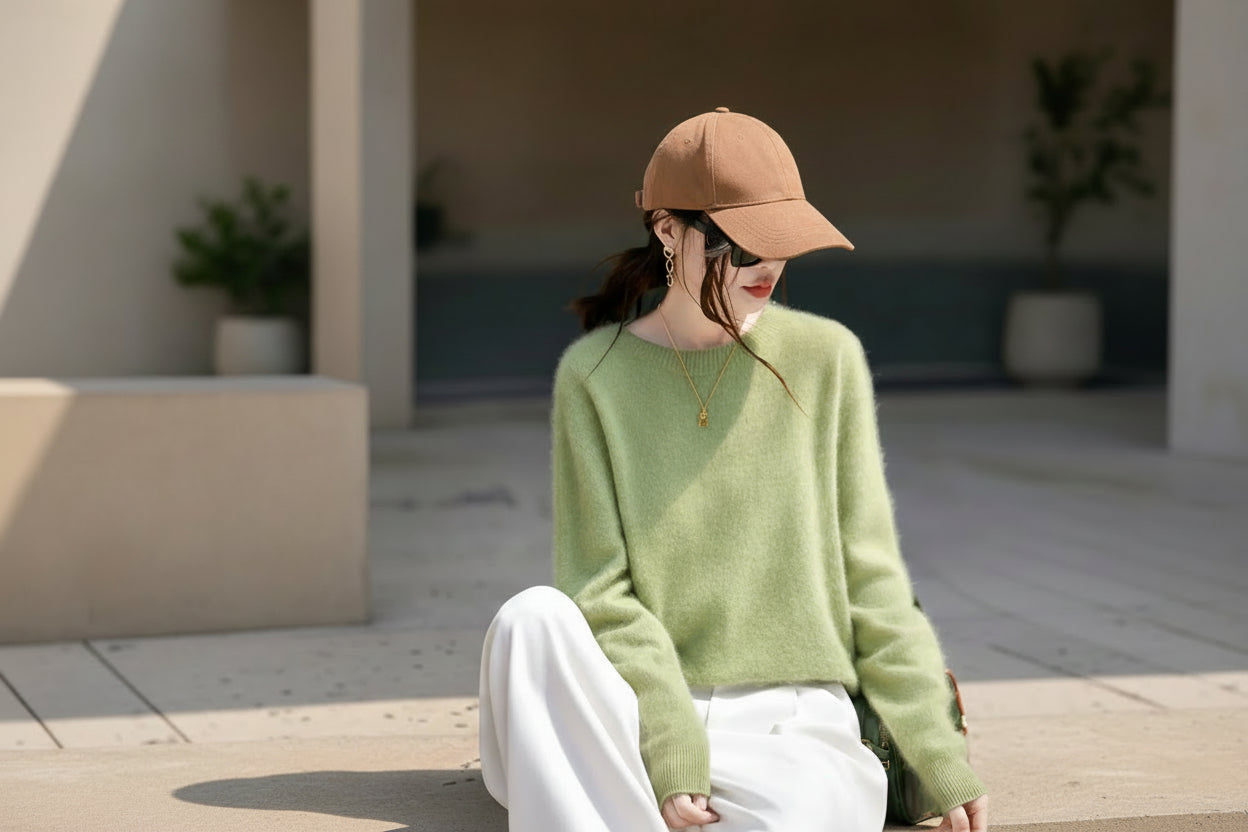 WinvyNee Roupas femininas de lã escovada, gola redonda, rosa, suéteres casuais, macios, sólidos, de malha, pulôveres, inverno a1713001