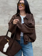 HH Moda de rua feminina sólida solta camurça textura casacos causal mangas longas morcego lapela zíper voar inverno jaquetas vintage