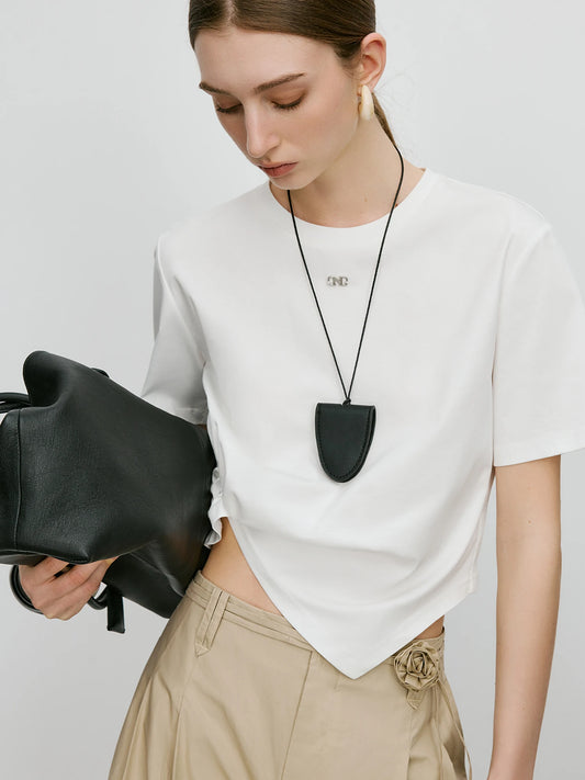 FSLE 【Premium Series】Design-inspired Asymmetric Twisted Pleated Solid Color Short-sleeved T-shirt for Women 25FE12021