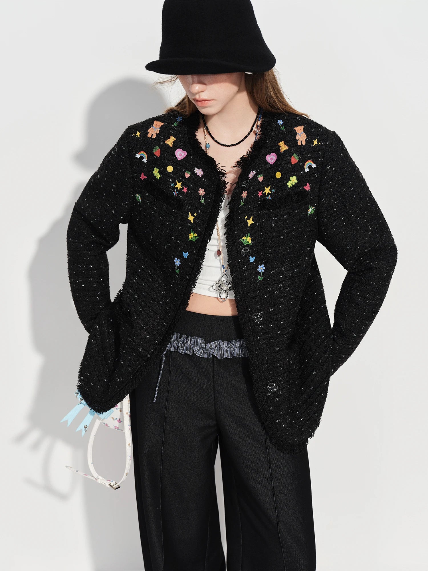 Fsle jaqueta curta de tweed estilo moda, design pintado à mão, novo inverno, streetwear, elegante, sofisticado, temperamento ins