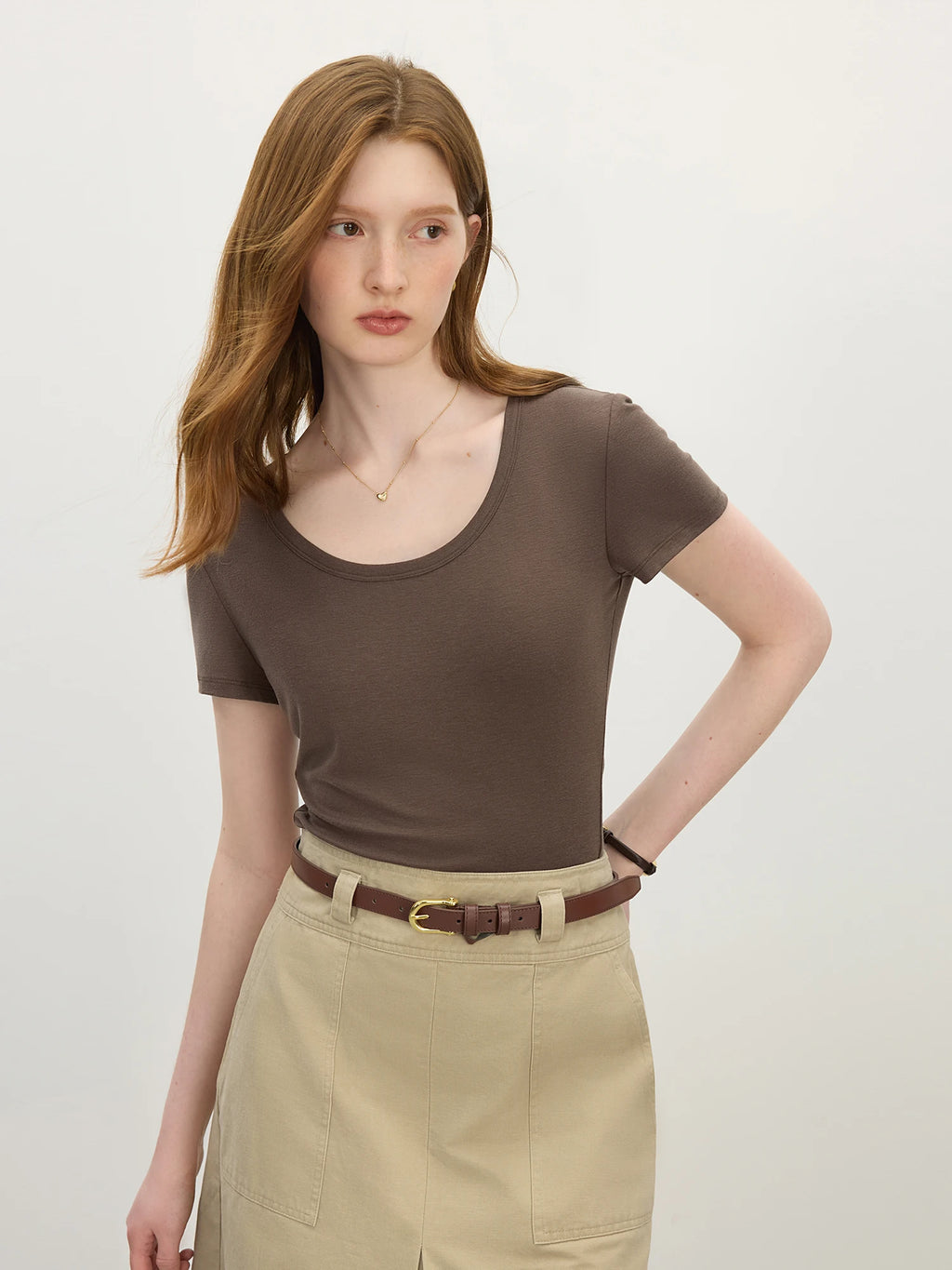 FSLE U-Neck Stretch Short Sleeve T-Shirt for Women - Summer 2025 New Arrival Soft & Relaxed Fit Versatile Top T-Shirt 25FS12552