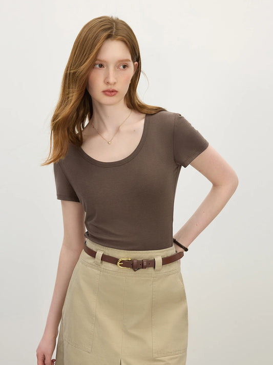 FSLE U-Neck Stretch Short Sleeve T-Shirt for Women - Summer 2025 New Arrival Soft & Relaxed Fit Versatile Top T-Shirt 25FS12552