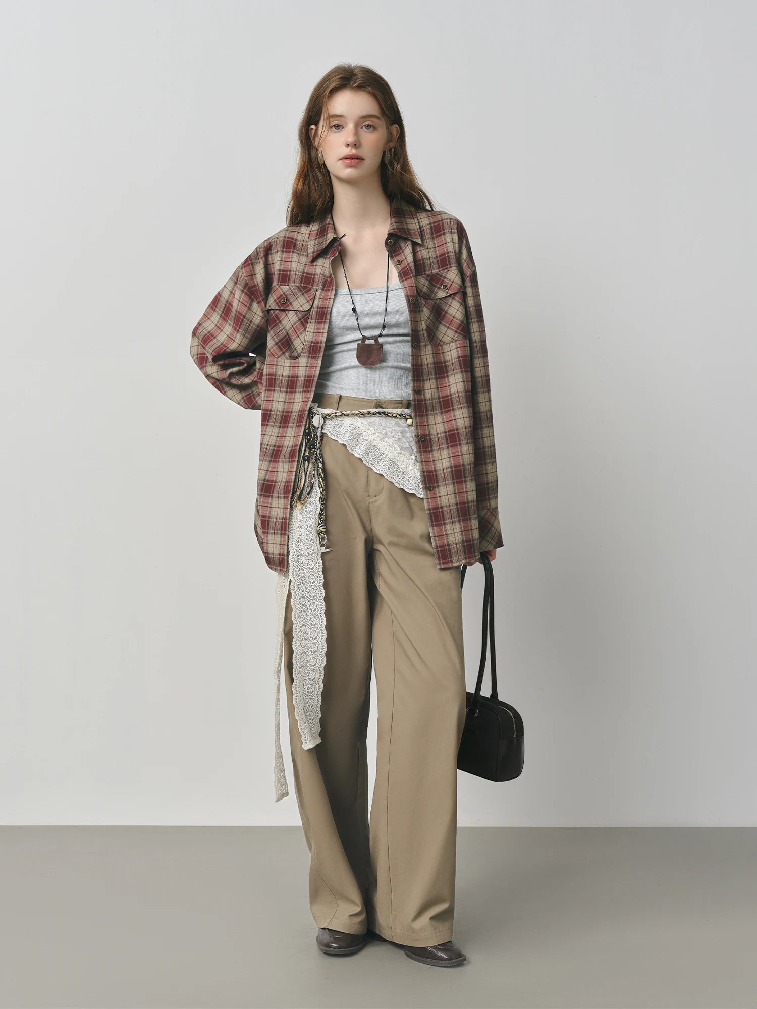 Fsle 2025 calças cáqui femininas – calças de algodão de perna reta outono ajuste relaxado casual estilo vintage com design retrô