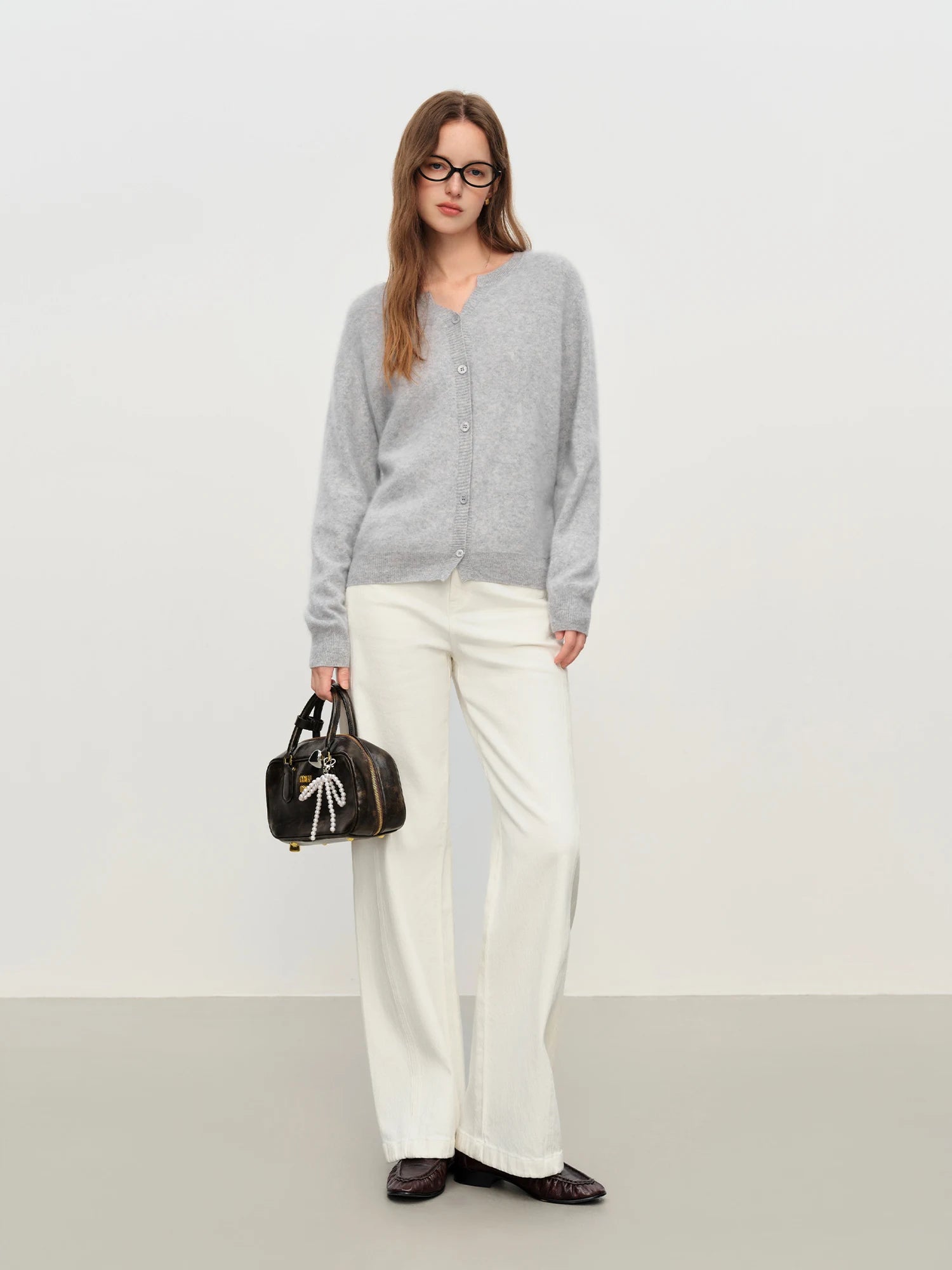 FSLE Winter 2025 Women Pointed Collar Knit Cardigan - Wool Blend Thermal Comfort Long Sleeve Open Front Coat for Casual Elegance