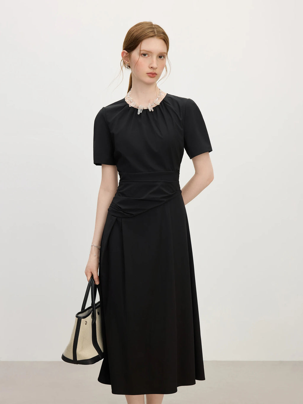 FSLE Black Temperament Waist A-line Dress for Women Summer 2025 New Slim Fit 25FS12744+25FS12742