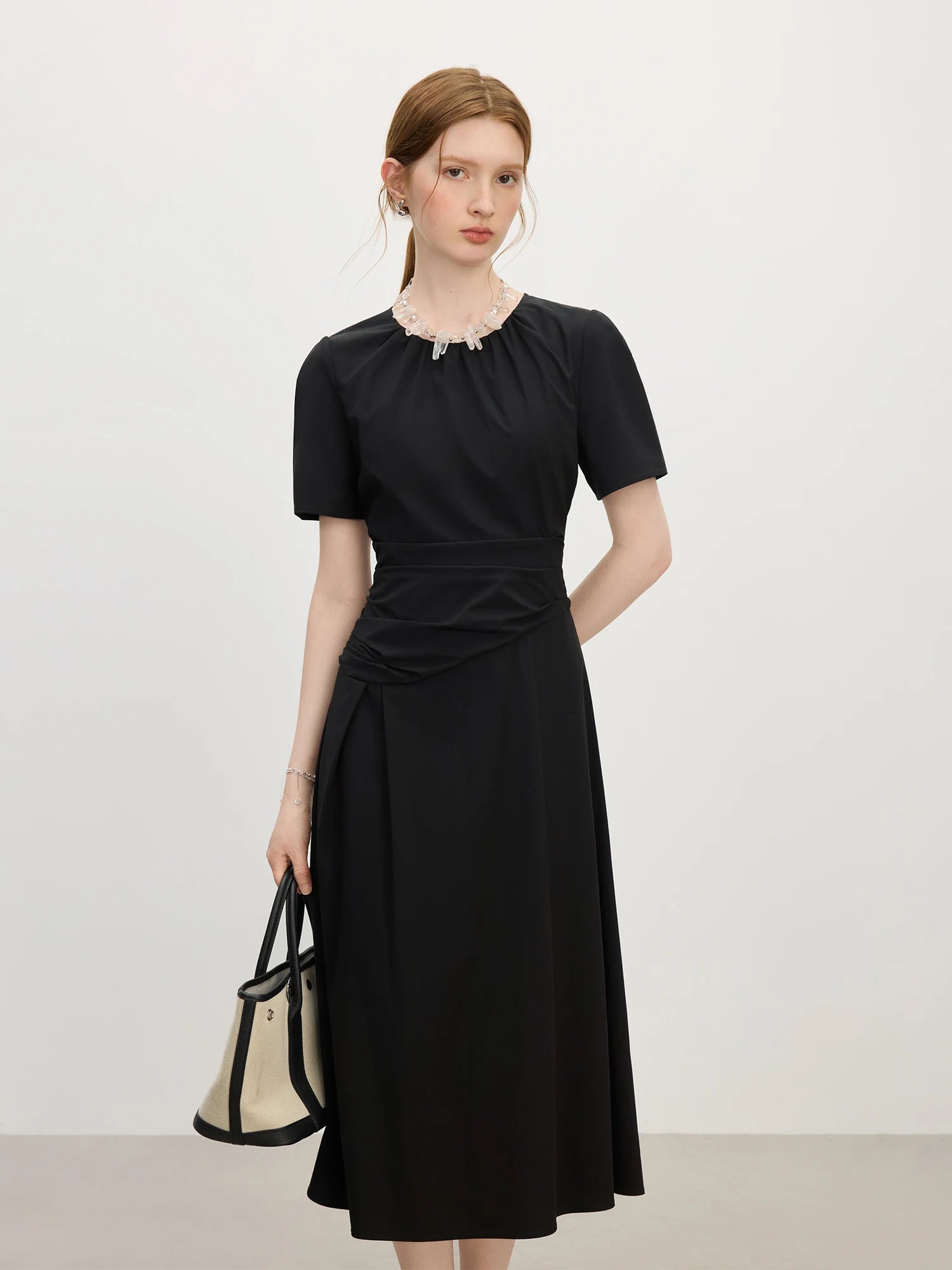 FSLE Black Temperament Waist A-line Dress for Women Summer 2025 New Slim Fit 25FS12744+25FS12742