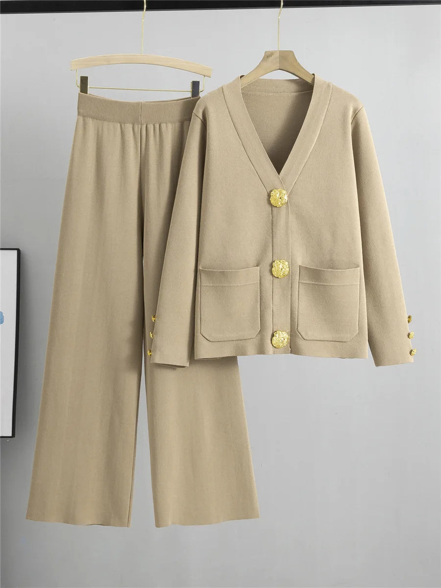 Feminino elegante malha 2 peça define coreano malha único breasted camisola cardigan topos conjuntos de cintura alta calças largas perna outfit