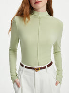 FSLE[-Pulôver feminino fino com pescoço simulado, pulôver elástico verde, suéteres femininos, viajante preto, tops de manga comprida, 24FS14415, 4 cores