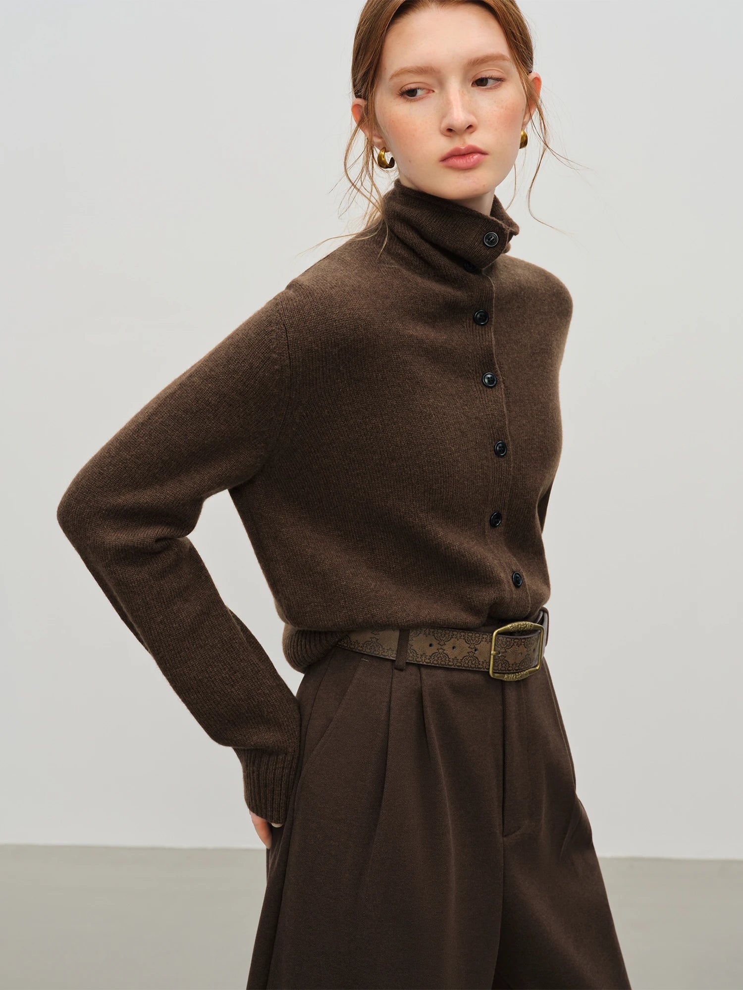 FSLE 2025 Winter Women's Convertible Collar Wool Blend Knit Cardigan - Turtle Neck & Lapel Two Way Wear Long Sleeve Coat