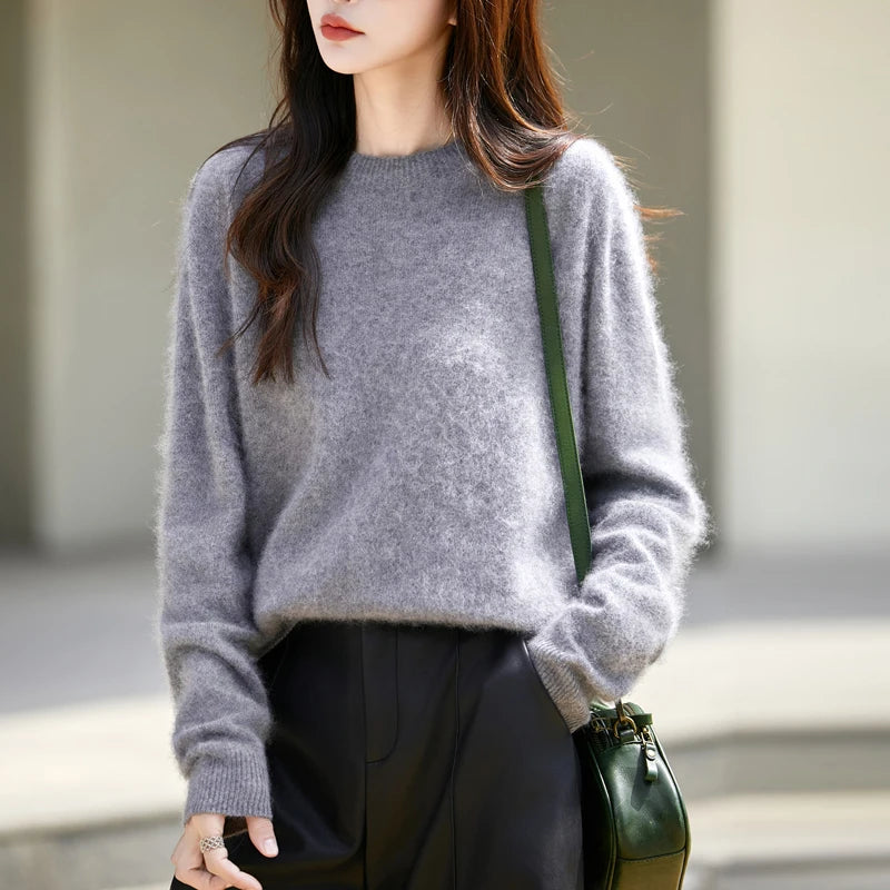 WinvyNee Roupas femininas de lã escovada, gola redonda, rosa, suéteres casuais, macios, sólidos, de malha, pulôveres, inverno a1713001