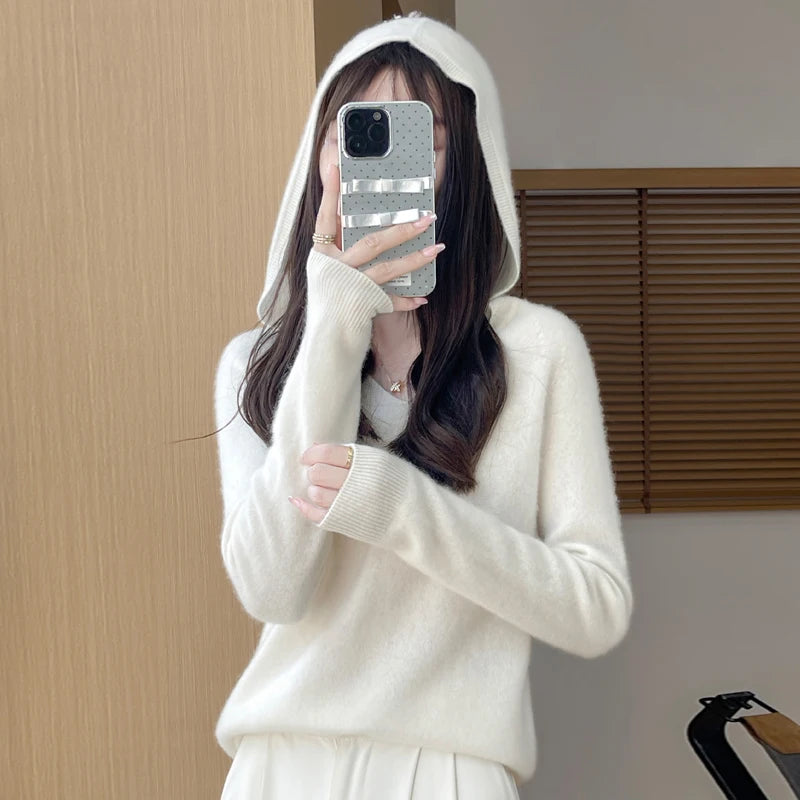 Elegant Merino Wool Women's Hoodie Sweater