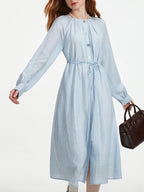 FSLE Women Shirt Long Dress Round Neck Raglan Sleeve Sashes Design Female Blue Autumn Long Sleeve 6.8% Linen Dress 24FS13359
