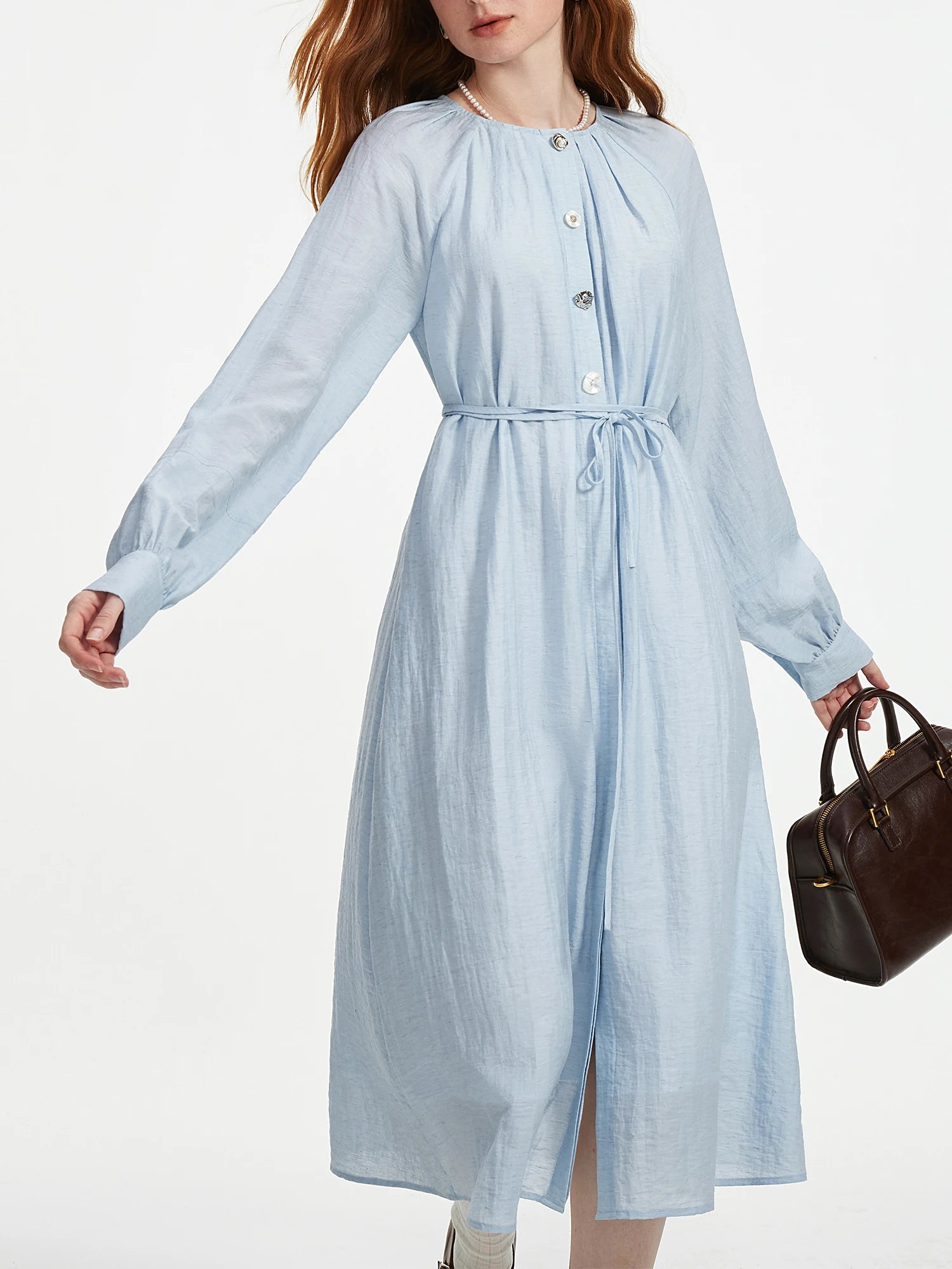 FSLE Women Shirt Long Dress Round Neck Raglan Sleeve Sashes Design Female Blue Autumn Long Sleeve 6.8% Linen Dress 24FS13359
