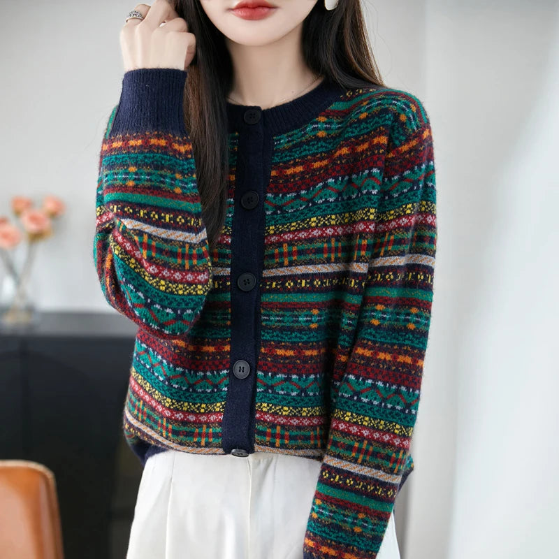 Yoyoselect 100% lã merino feminino listrado cardigan camisola fair isle cashmere camisola o pescoço macio quente topos roupas