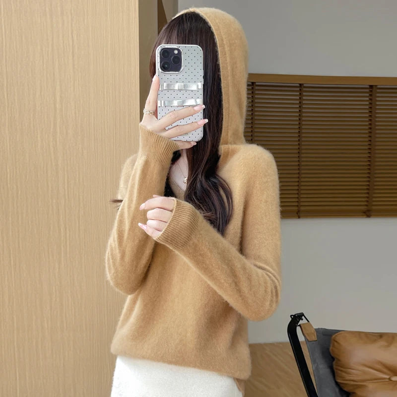 Elegant Merino Wool Women's Hoodie Sweater