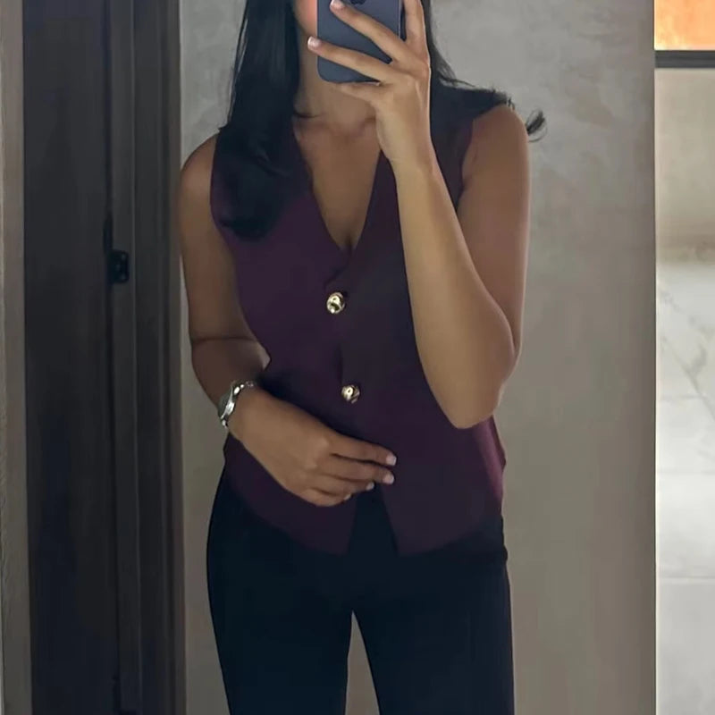 Muyer mulher colete de malha superior recortado coletes sem mangas para mulher 2025 botão verão colete superior feminino colete de malha curto topos