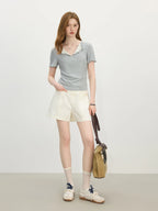 Fsle falso duas peças lapela dupla camada de malha de manga curta camiseta feminina verão 2025 novo estilo idade-reduzindo topos 25fs12534