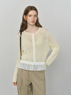 FSLE 2025 Autumn Women's Mesh Knit Cardigan Yellow White Color Top Block Round Neck Long Sleeve Y2K Coquette Office Chic Top