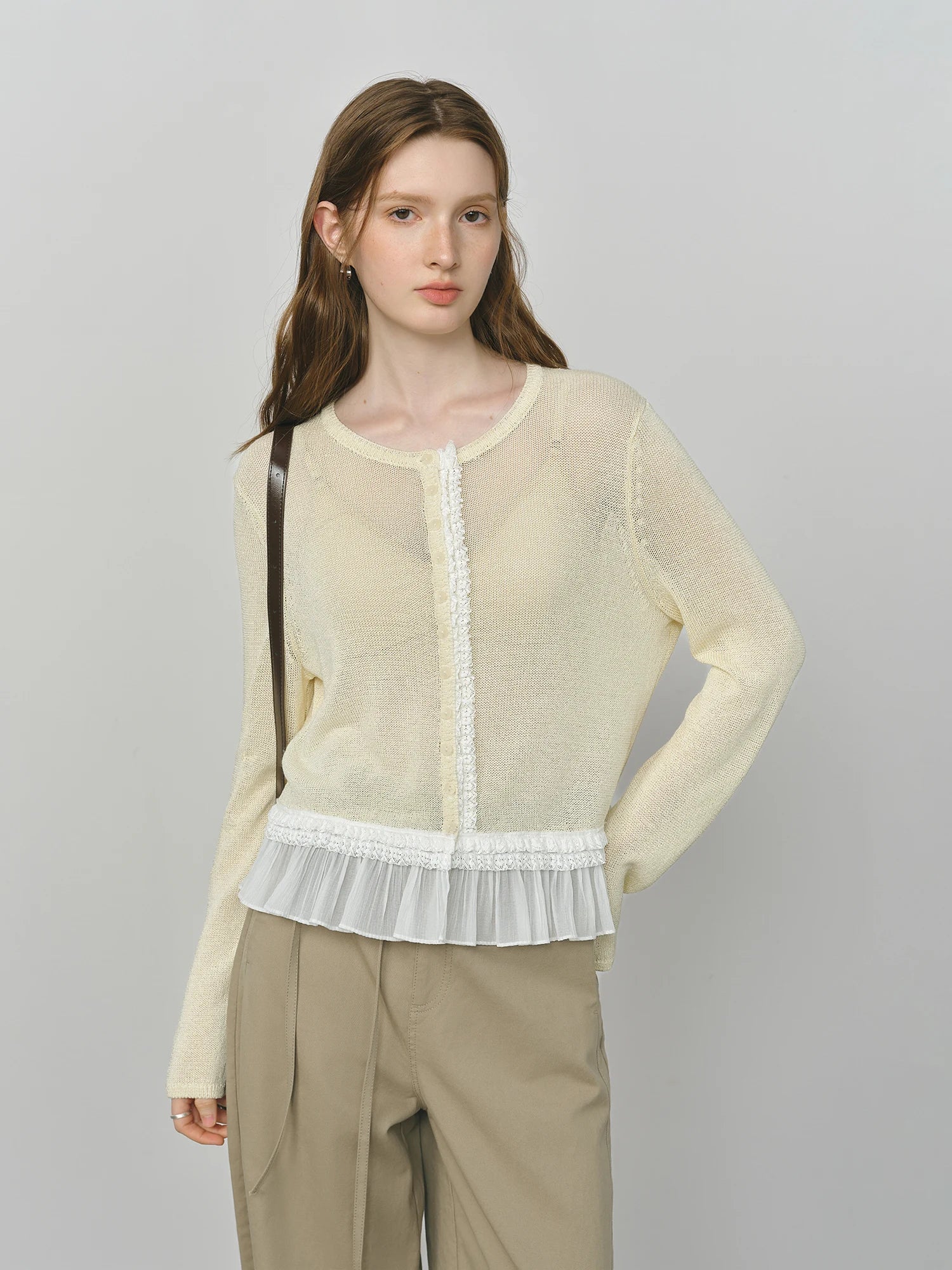 FSLE 2025 Autumn Women's Mesh Knit Cardigan Yellow White Color Top Block Round Neck Long Sleeve Y2K Coquette Office Chic Top