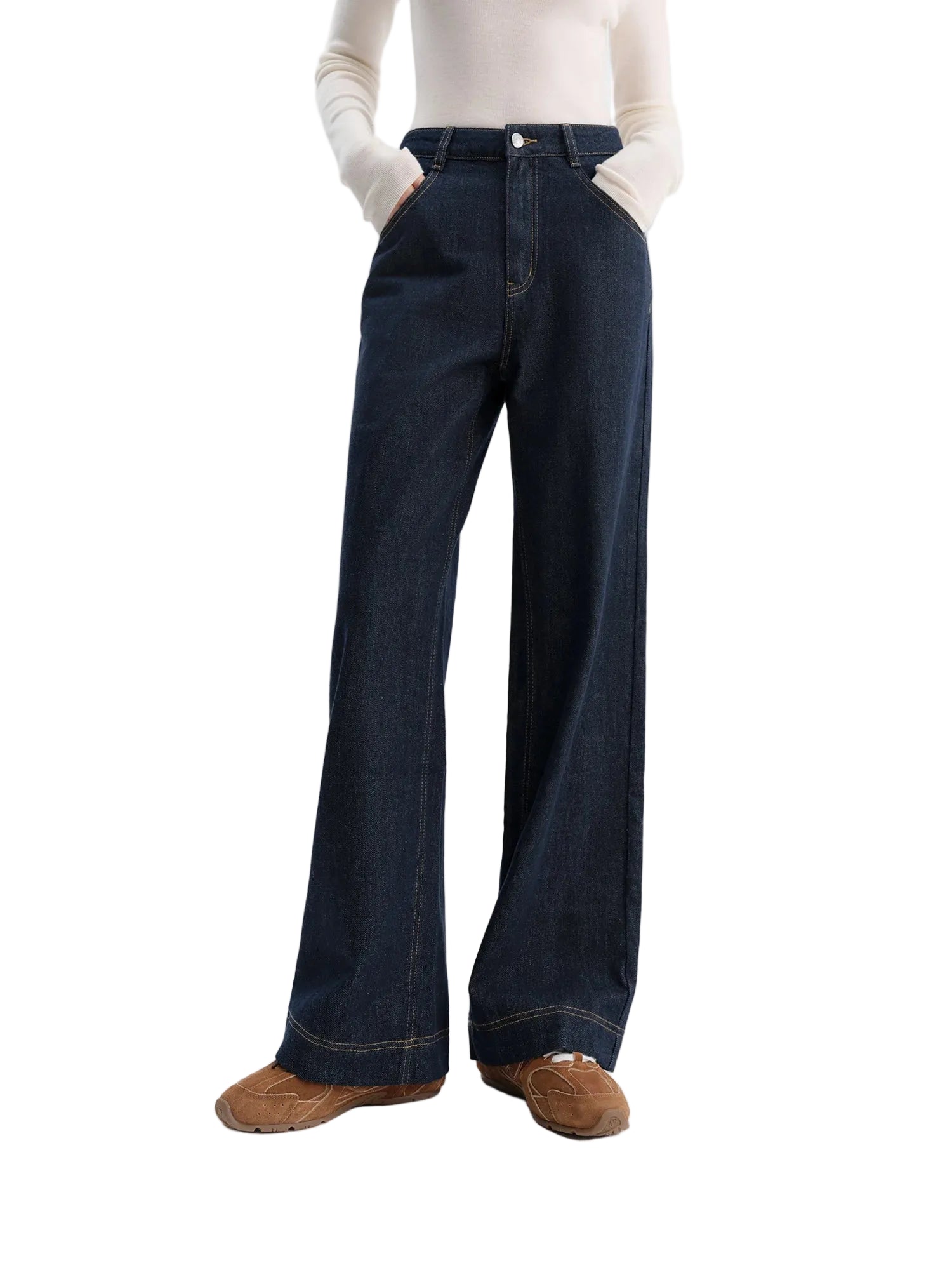 Fsle calças jeans retas de cintura alta para mulheres inverno sólido simples all-match 2025 novas calças longas e curtas versáteis estilo coreano