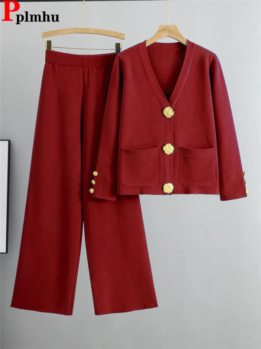 Feminino elegante malha 2 peça define coreano malha único breasted camisola cardigan topos conjuntos de cintura alta calças largas perna outfit