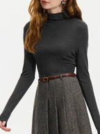 FSLE[-Pulôver feminino fino com pescoço simulado, pulôver elástico verde, suéteres femininos, viajante preto, tops de manga comprida, 24FS14415, 4 cores