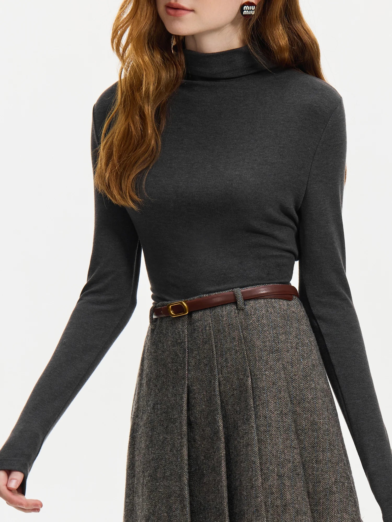 FSLE[-Pulôver feminino fino com pescoço simulado, pulôver elástico verde, suéteres femininos, viajante preto, tops de manga comprida, 24FS14415, 4 cores