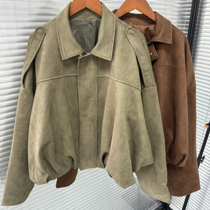 Jaqueta de camurça estilo retrô com gola com zíper, roupa externa para mulheres, espessura média, manga comprida, moda de rua, ajuste solto, outono inverno